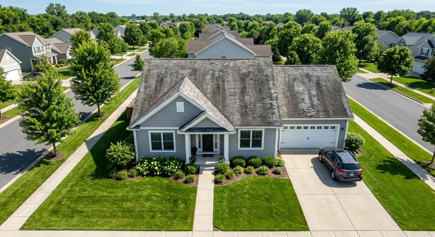 Home with an aging shingle roof before the ORC metal roof replacement
