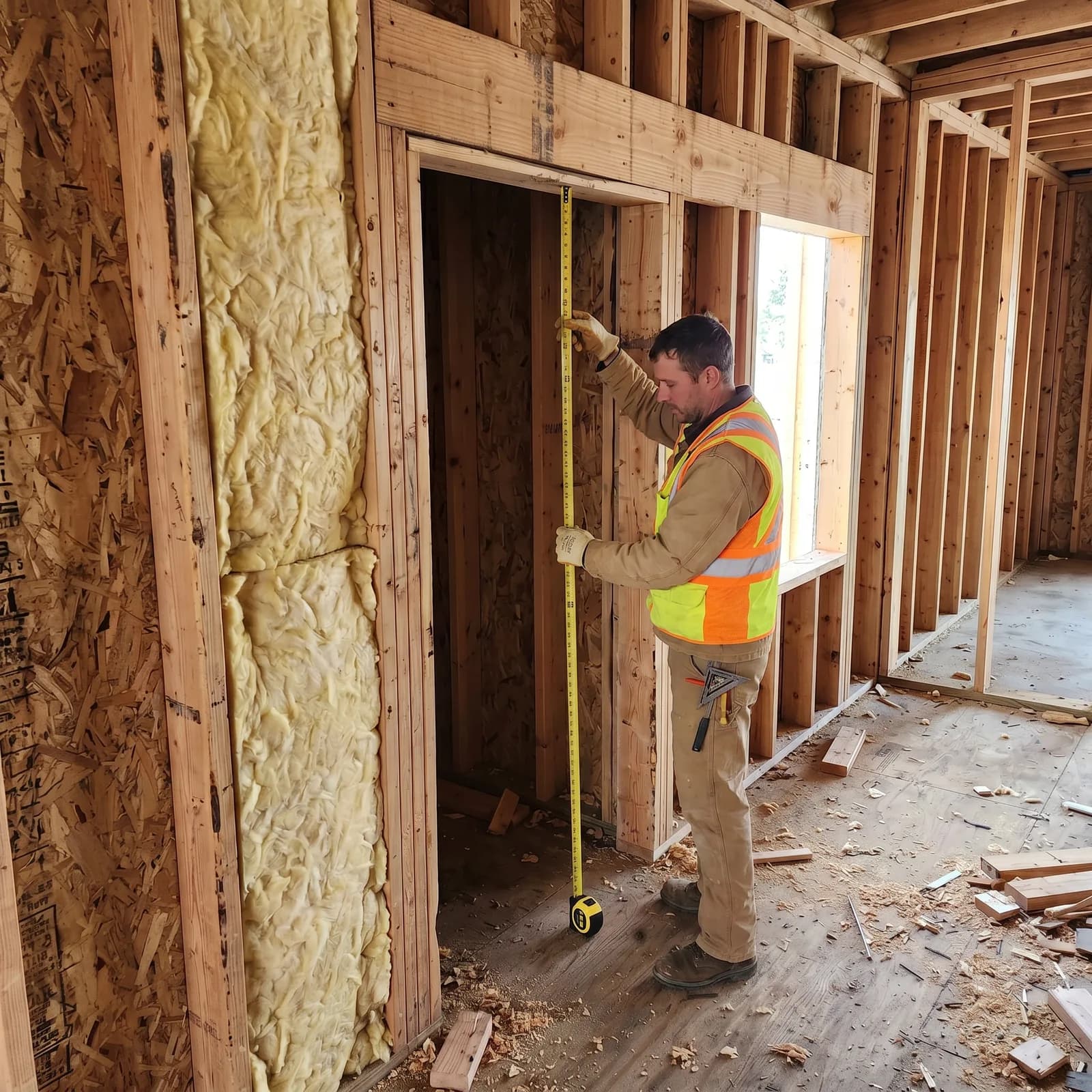 Framer measuring a rough door opening for ORC in Cedar Rapids